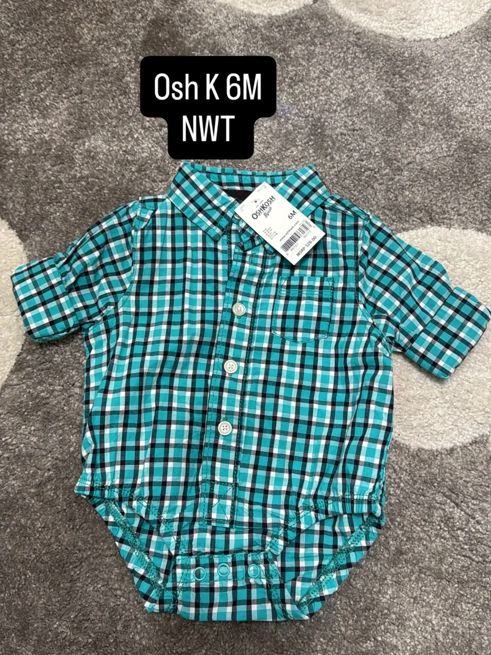 OshKosh B'gosh Teal and Black Plaid Button-Front Baby Bodysuit